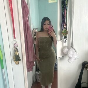 Strapless Olive Green Bodycon Midi Dress